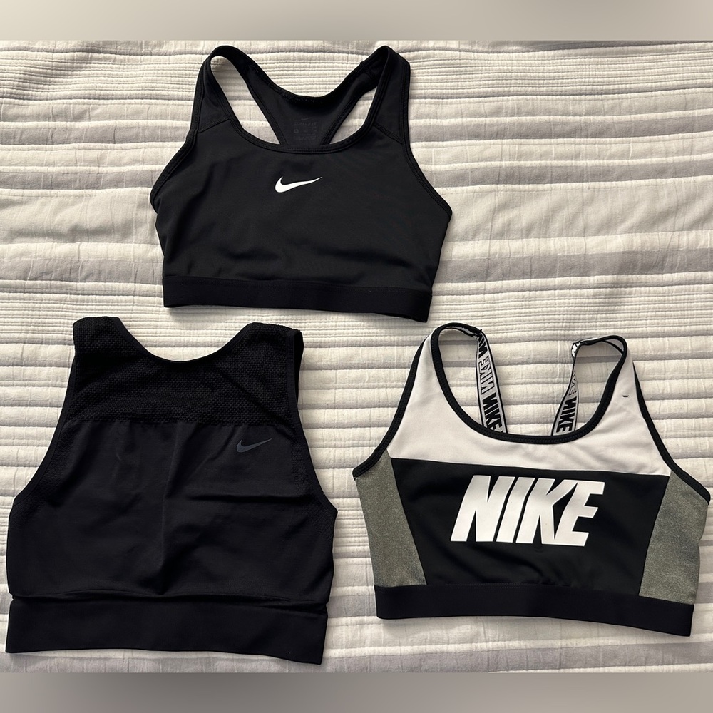 Three Black, White, and Gray Nike Sports Bras Bundle (Sizes S/M)